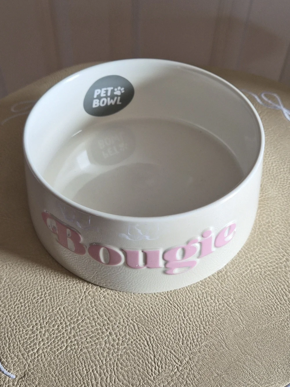 'Bougie'Pet Bowl Ceramic Dog Bowl with Pink 'Bougie' Lettering